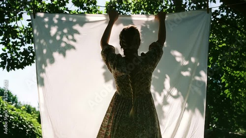 Woman Hanging White Fabric Under Trees with Sunlight and Shadows