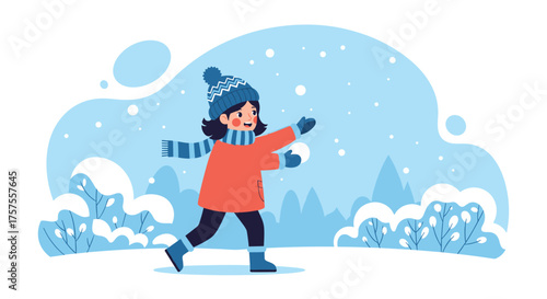 A young girl joyfully throws a snowball during a snowy winter day.