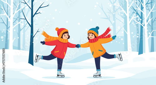Two girls holding hands while ice skating in a snowy forest.