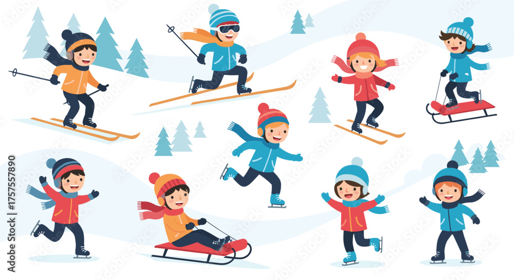 Obraz premium Children enjoying various winter activities on a snowy slope.