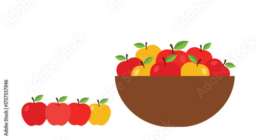 A small collection of apples next to a large bowl overflowing with many more apples.