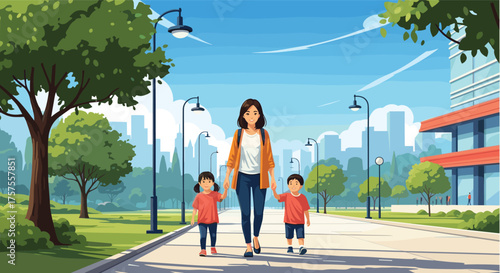 Mother walks with two children on a sunny day in a park.