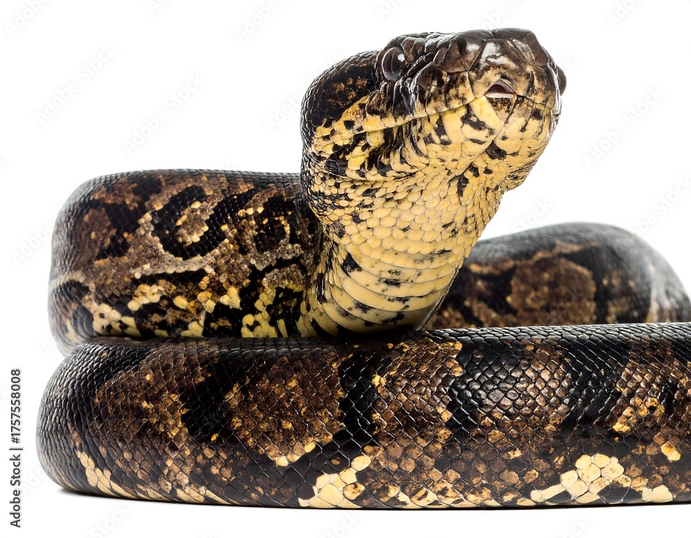Obraz premium Close-up studio shot of a brown and tan snake on white background