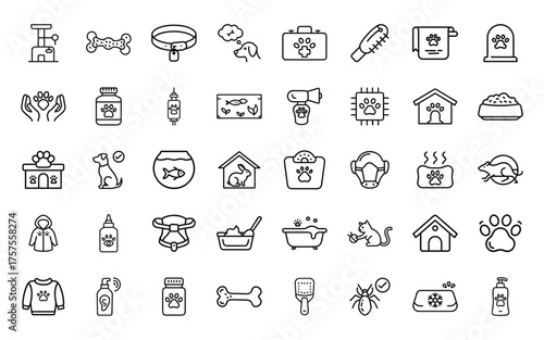Collection of hand drawn icons representing pet care and services