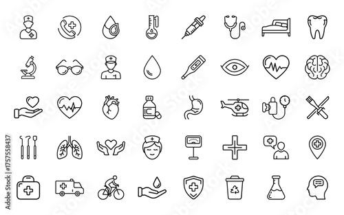Collection of hand drawn medical and healthcare icons in black and white