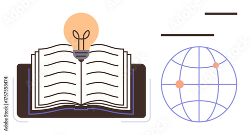 Open book with glowing light bulb above symbolizing knowledge. Globe with connecting points represents global connection. Ideal for education, learning, innovation, creativity, globalization