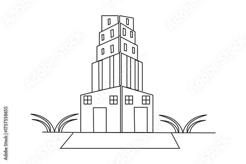Elegant continuous line drawing of a modern office building with minimalist architectural style. Perfect for design, architecture, or business concepts