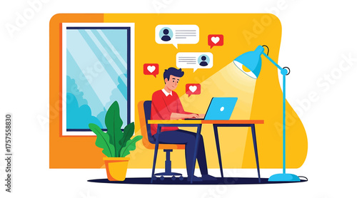 Vector art of man using laptop at desk with social media notifications, working from home, online communication, and staying connected