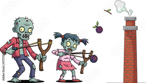 Zombie slingshot, cartoon attack, chimney hit, undead play, horror fun, green skin, creepy child, surreal scene, festive chaos, funny destruction