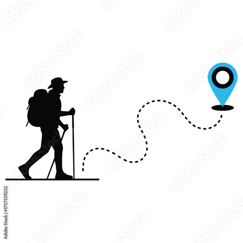 Hiker Silhouette with Backpack – Minimalist Trekking Vector with Path and Destination Marker