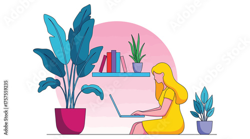 Vector art of a woman in a yellow dress works on her laptop at home surrounded by plants and books, she is focused on her work and enjoying the comfort of her home