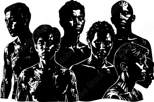 Group of diverse young men standing together in a black and white illustration