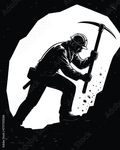 Miner working hard in dark mine with pickaxe illustration design