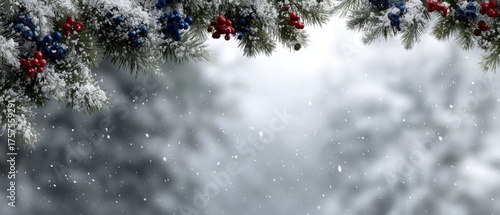 A Christmas background with snow falling and red, white, and blue decorations on the branches of an evergreen tree. The snow is falling against a gray sky.