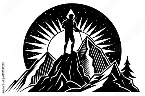 Hiker silhouette stands atop mountain peak with sunburst and starry night sky