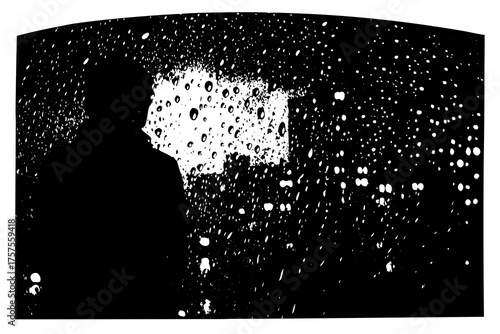 Silhouette of a person looking out a window covered in raindrops at night