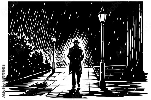 Man in trench coat walking in the rain at night under streetlights