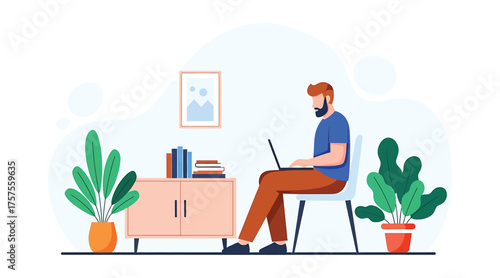 Vector art of man working on laptop at home freelancer working on computer home office, remote work, online education, elearning, study concept