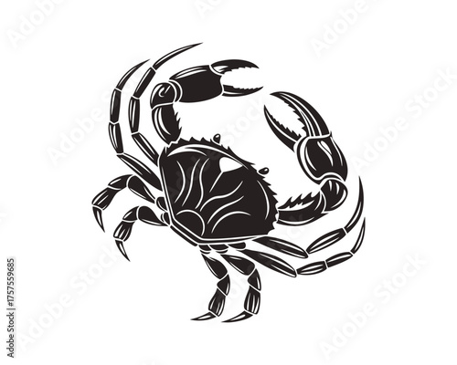 A black and white tribal style illustration of a crab with intricate, textured details and sharp claws, set against a white background