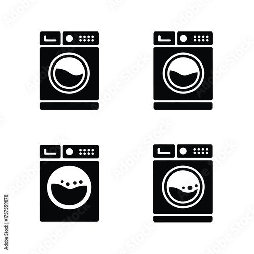 Four simple black icons of washing machines with different load levels for laundry services