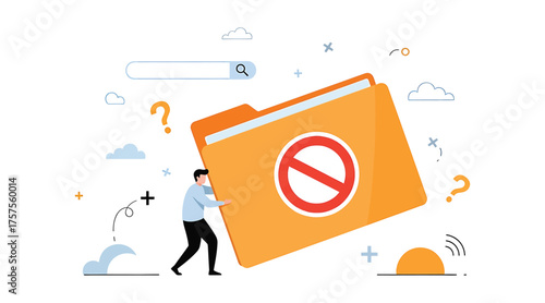 Vector art of data access denied concept, man pushing a folder with a prohibition sign