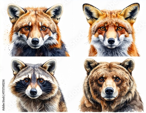 Collage of Four Adorable Forest Animal Portraits Fox Raccoon and Bear