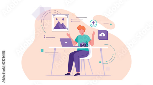 Vector art of a man sitting at a desk with a laptop, camera, and image editing software, uploading images to the cloud, he is a photographer or designer
