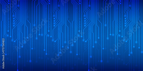 Abstract AI circuit board background. Technology connected blue lines with electronics elements on tech bg. Computer motherboard with a chip, processor, and semiconductor.