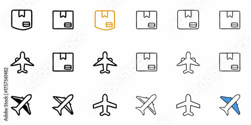 Streamlined shipping icons for modern logistics solutions, featuring cargo boxes and airplanes signifying fast delivery and global transport, perfect for web and app design projects