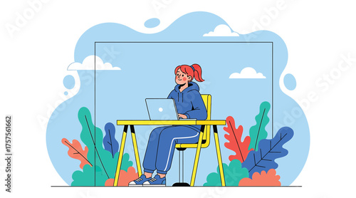 Vector art of a young woman is sitting at a table working on her laptop, she is wearing a blue tracksuit and has red hair, she looks thoughtful and relaxed