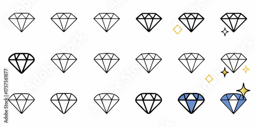 Sparkling diamond icons representing luxury, value, and precious gems, perfect for highlighting success and high quality in modern designs
