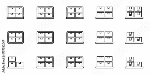 Stylish line art icons depicting stacked boxes and shelving units, perfect for logistics, inventory, and storage concepts, offering clear visual representation of warehousing and organization.