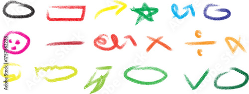 Colorful hand drawn child s scribbles and shapes including numbers letters and math symbols on white background
