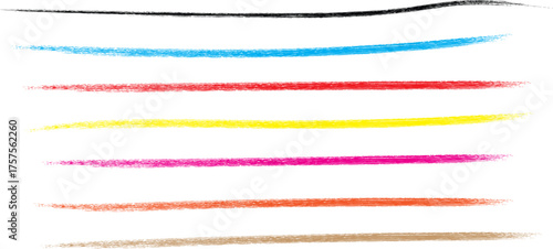 Collection of colorful crayon or chalk brush stroke lines on a white background representing art and creativity