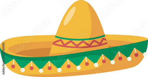 Traditional Mexican sombrero hat, yellow wide brim, festive design, cultural attire vector, red green pattern, heritage icon, celebration costume illustration