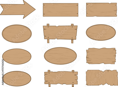 Set of twelve wooden signboards, rustic signage, oval and rectangular shapes, textured wood planks, vector icons, game UI, design elements