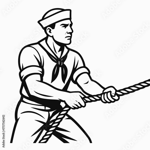 Sailor pulling rope with a determined expression in a minimalistic black and white style 