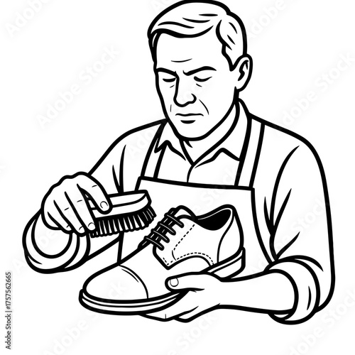 Shoemaker polishing shoe with a focused expression in a minimalistic black and white style 