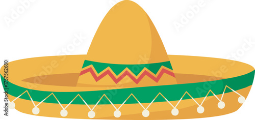 Traditional Mexican sombrero hat, yellow wide brim, festive design, cultural attire vector, red green pattern, heritage icon, celebration costume illustration