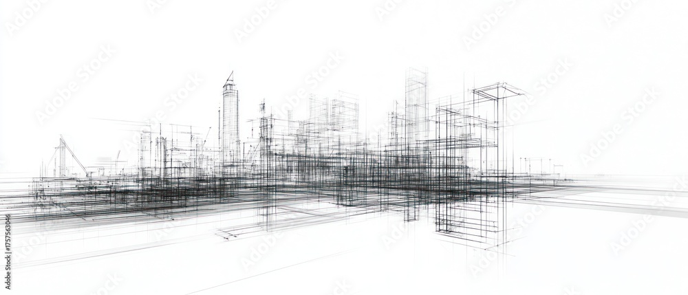 Fototapeta premium City skyline wireframe architectural rendering modern urban design illustration