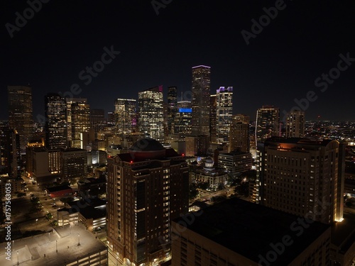 Beautiful Houston Texas skyline at night with a stunning aerial drone view 4K downtown