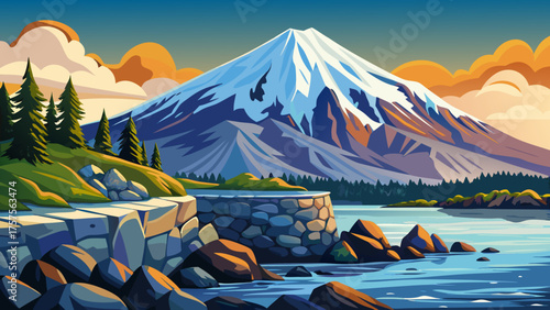 Very beautiful snow-covered Mt. Edgecumbe volcano with rocky shoreline at Sitka, Alaska, USA, featuring rugged volcanic peaks, icy slopes, and calm coastal waters, capturing the dramatic natural 