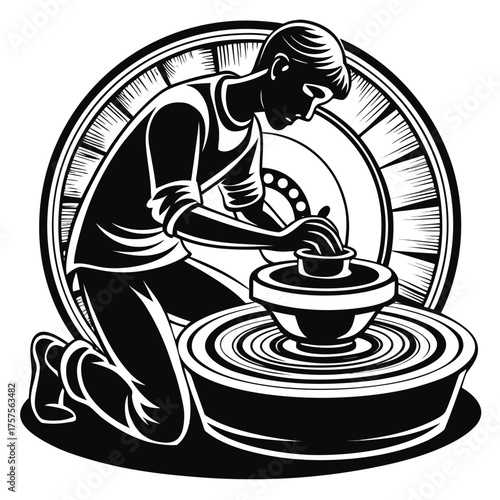 Potter working on wheel monochrome art creation and craft potter