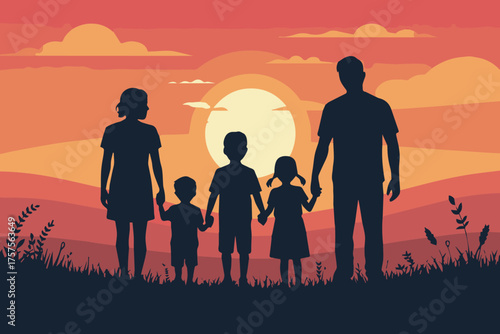 family silhouette at sunset on grassy hill holding hands children togetherness warm orange pink sky vector illustration