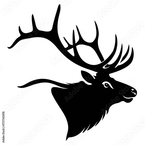 Black and white vector illustration of elk head with large curved antlers – Great for outdoor gear branding, wildlife art, or nature prints