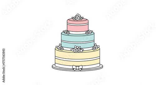 Elegant Three-Tiered Pastel Cake Illustration with Crown and Decorations.