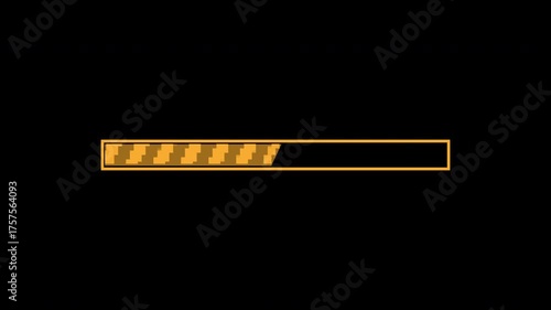 Yellow color 8 bit loading bar animation on black background. 4k video animation. 