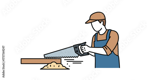 Carpenter wearing overalls and cap sawing a wooden plank with sawdust flying.