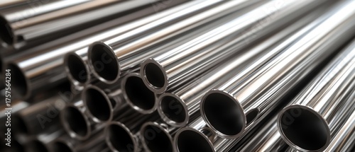 Close up of stacked metal pipes polished chrome surface industrial material engineering manufacturing
