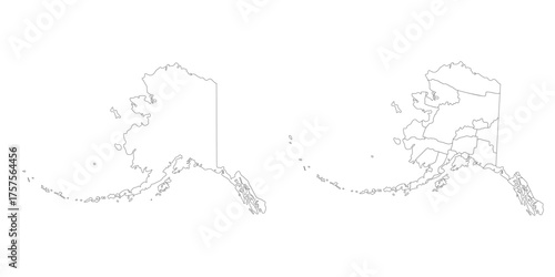 Alaska state counties map set. Map of the US state of Alaska with city in set white color.